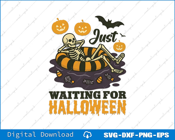 Skeleton on a pool float with Halloween text and pumpkins on a white background
