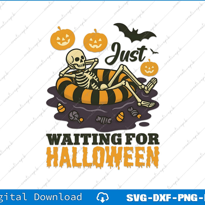 Skeleton on a pool float with Halloween text and pumpkins on a white background