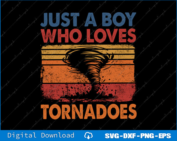Vintage-style graphic with text 'Just a boy who loves tornadoes' and a tornado illustration on a black background.