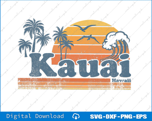 Kauai Hawaii Vintage Beach Summer Surfing 70s Retro SVG PNG Printable Files