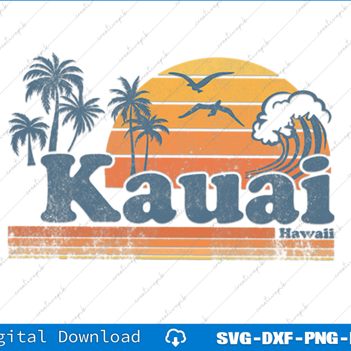 Kauai Hawaii Vintage Beach Summer Surfing 70s Retro SVG PNG Printable Files