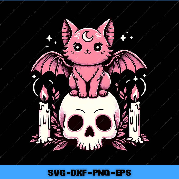 Pink bat-like creature on a skull with candles, on a black background.