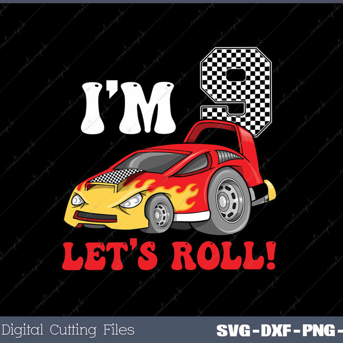 Kids 9 Year Old Race Car Birthday 9th Birthday SVG PNG files