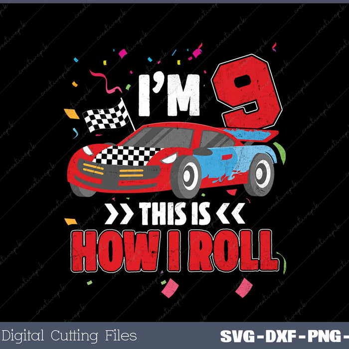 Kids Birthday Boy 9 Race Car 9th Birthday Racing Car SVG Cut files