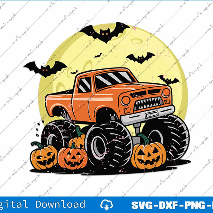 Kids Monster Truck Halloween Jack O Lantern Moon Pumpkin SVG PNG File