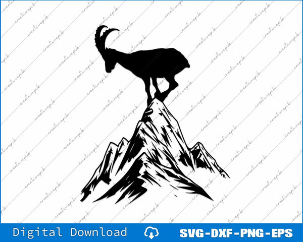 Black silhouette of a goat on a mountain peak with digital download options at the bottom.
