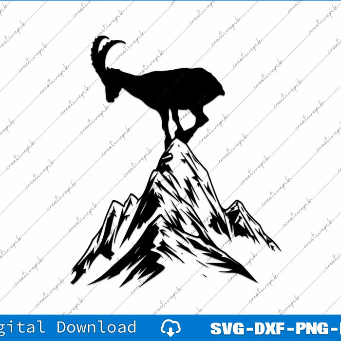 Black silhouette of a goat on a mountain peak with digital download options at the bottom.