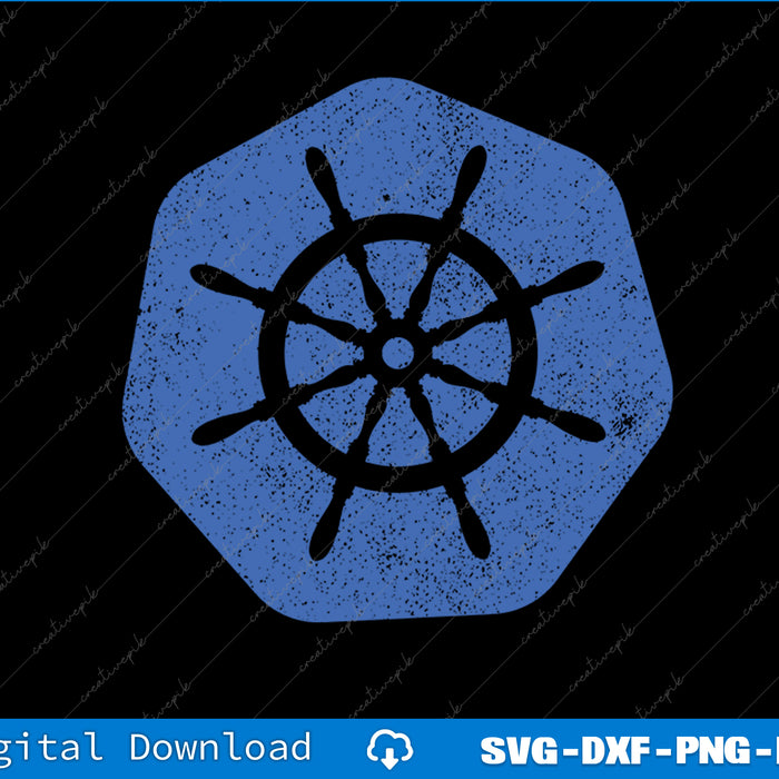 Blue hexagonal design with a black steering wheel inside on a black background