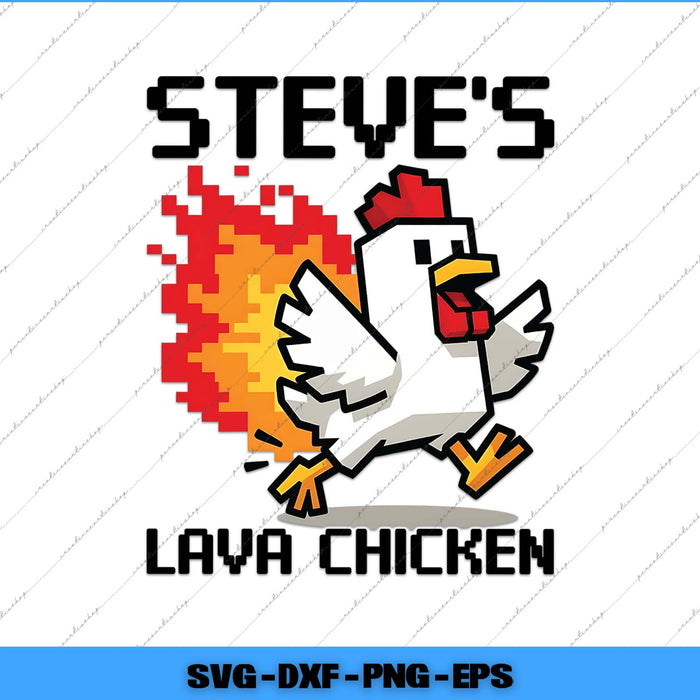 Pixelated chicken with flames and 'Steve's Lava Chicken' text on a white background