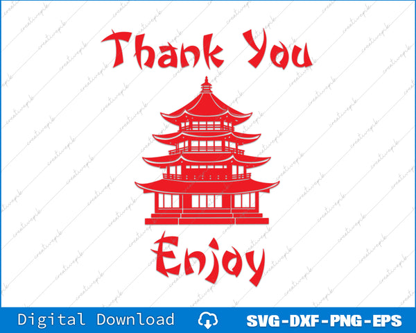 Red pagoda design with 'Thank You' and 'Enjoy' text on a white background