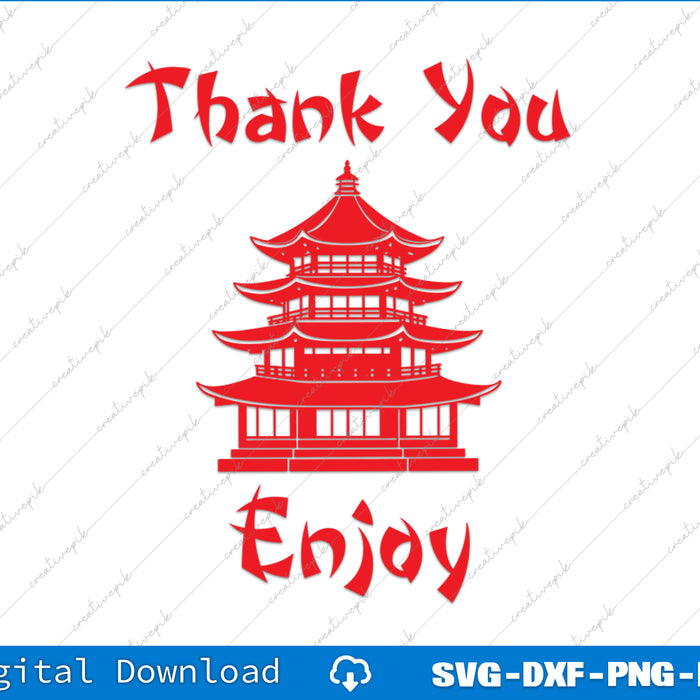 Red pagoda design with 'Thank You' and 'Enjoy' text on a white background