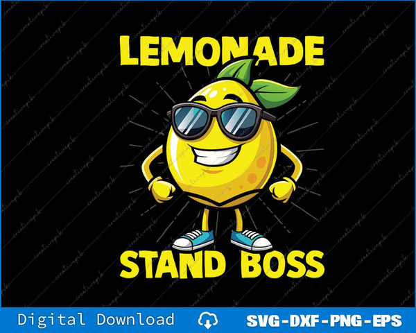 Cartoon lemon character with sunglasses and text 'Lemonade Stand Boss' on a black background