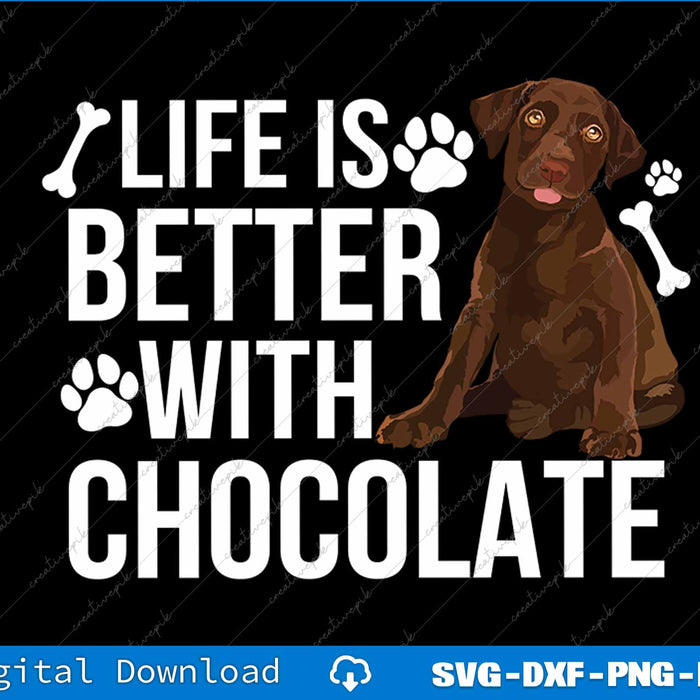 Dog with text 'Life is better with chocolate' on a black background
