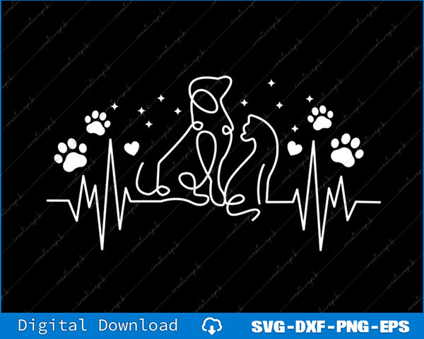 White line art of a couple holding hands with paw prints and a heart rate line on a black background.