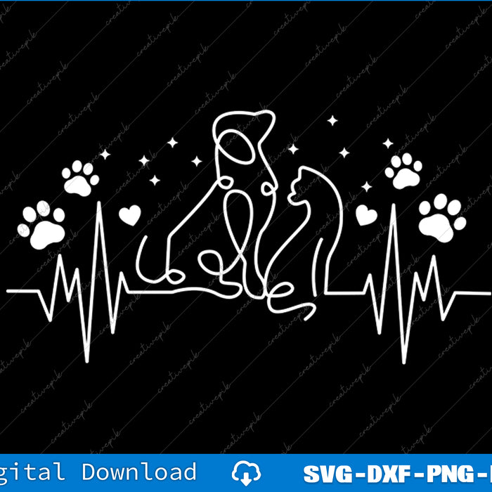 White line art of a couple holding hands with paw prints and a heart rate line on a black background.