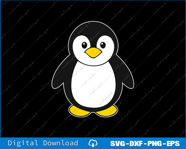 Cartoon penguin with a black, white, and yellow color scheme on a black background.
