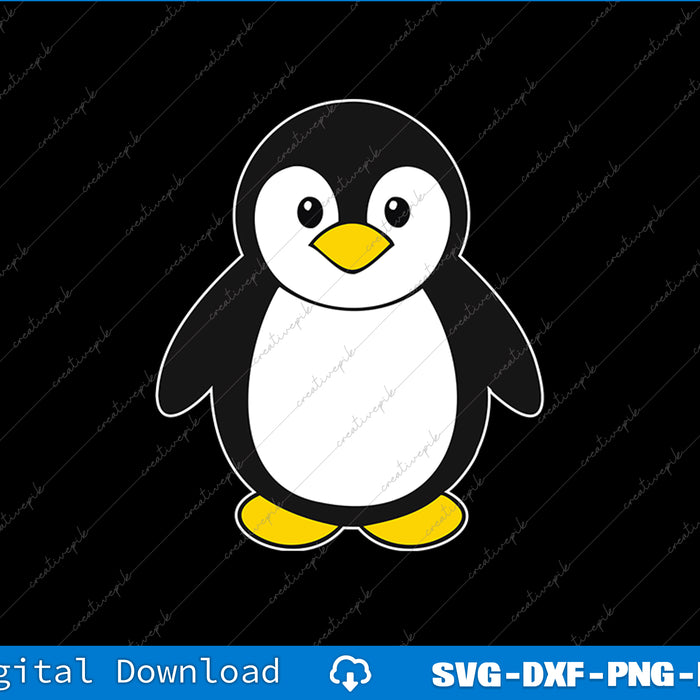 Cartoon penguin with a black, white, and yellow color scheme on a black background.