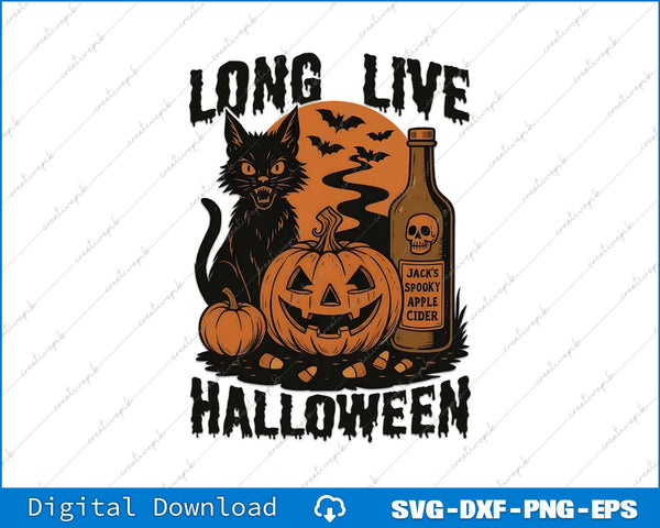 Halloween-themed design with a black cat, pumpkin, and bottle of Jack's Spooky Apple Cider on a white background.