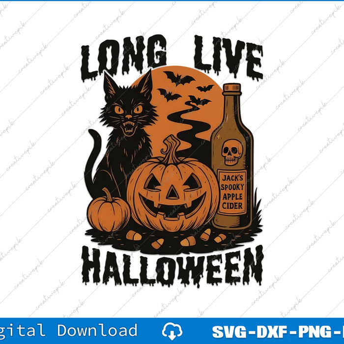 Halloween-themed design with a black cat, pumpkin, and bottle of Jack's Spooky Apple Cider on a white background.