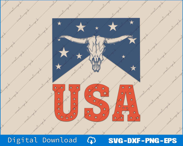 Longhorn Bull Head 4th of July American Flag Independence day SVG PNG Printable Files