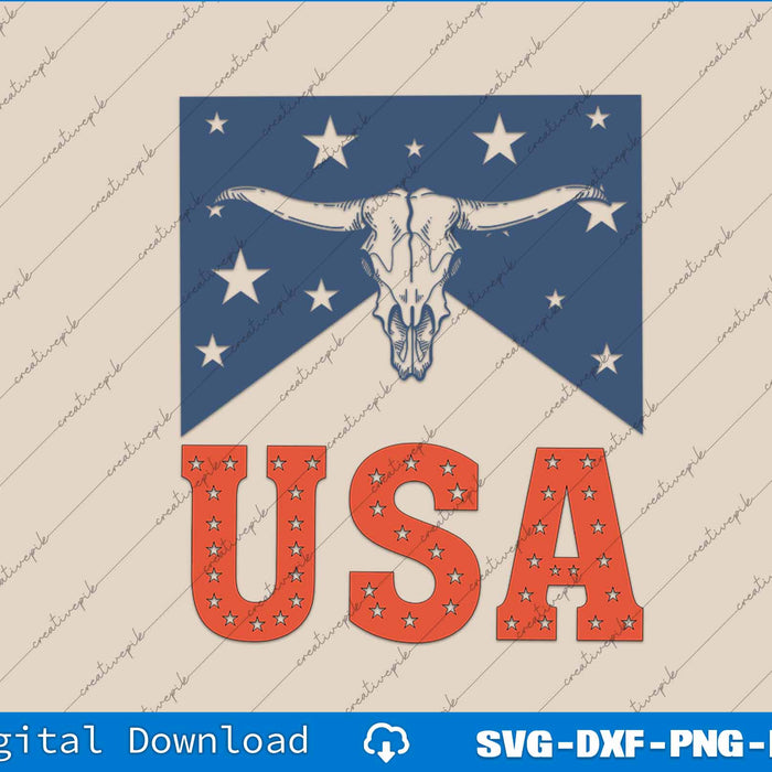 Longhorn Bull Head 4th of July American Flag Independence day SVG PNG Printable Files