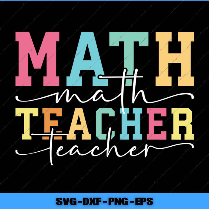 Colorful text 'Math Teacher' on a black background with file format options at the bottom.