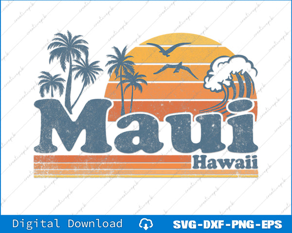 Maui Hawaii Vintage Surf Beach Surfing 70's Retro Hawaiian SVG PNG Printable Files