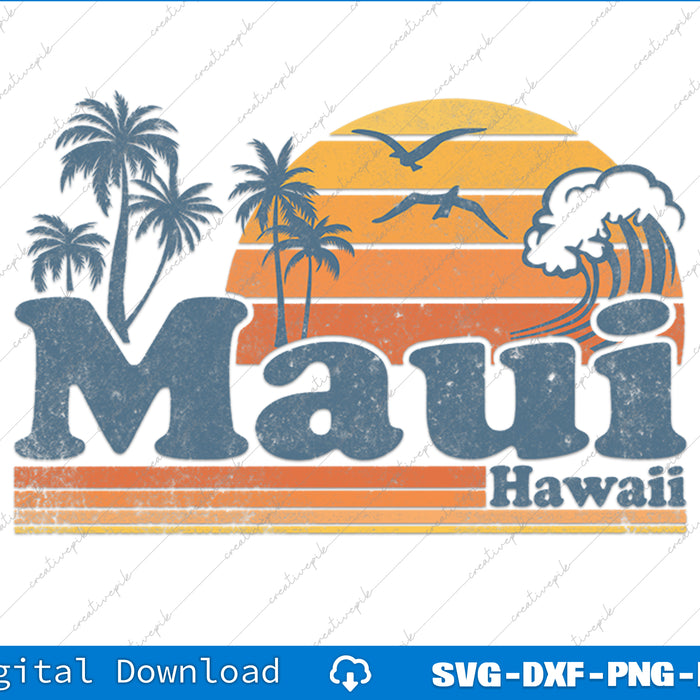 Maui Hawaii Vintage Surf Beach Surfing 70's Retro Hawaiian SVG PNG Printable Files