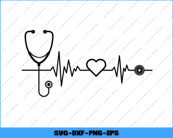 Stethoscope and heart rate line design on a white background with 'SVG DXF PNG EPS' text at the bottom.
