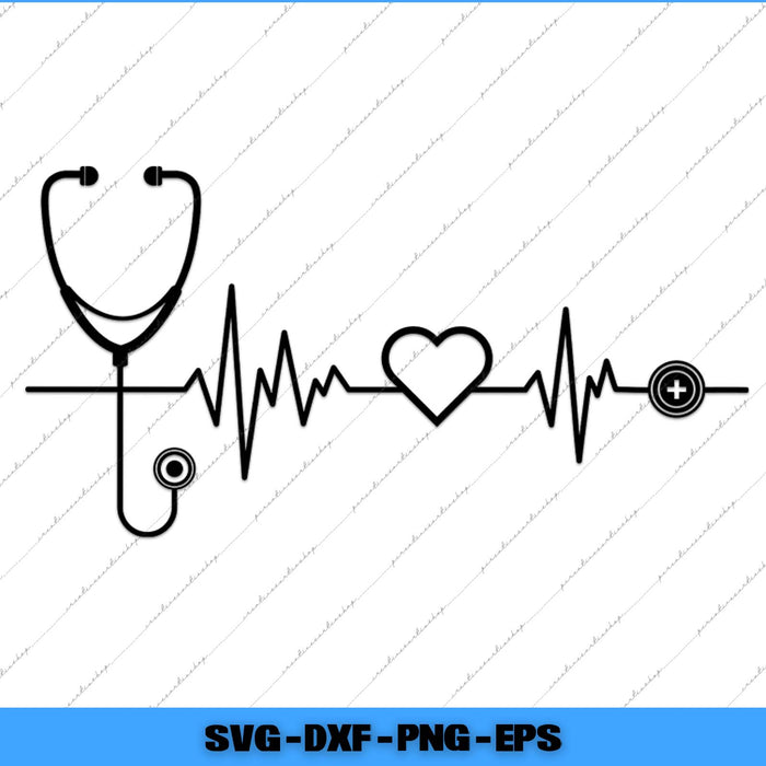 Stethoscope and heart rate line design on a white background with 'SVG DXF PNG EPS' text at the bottom.