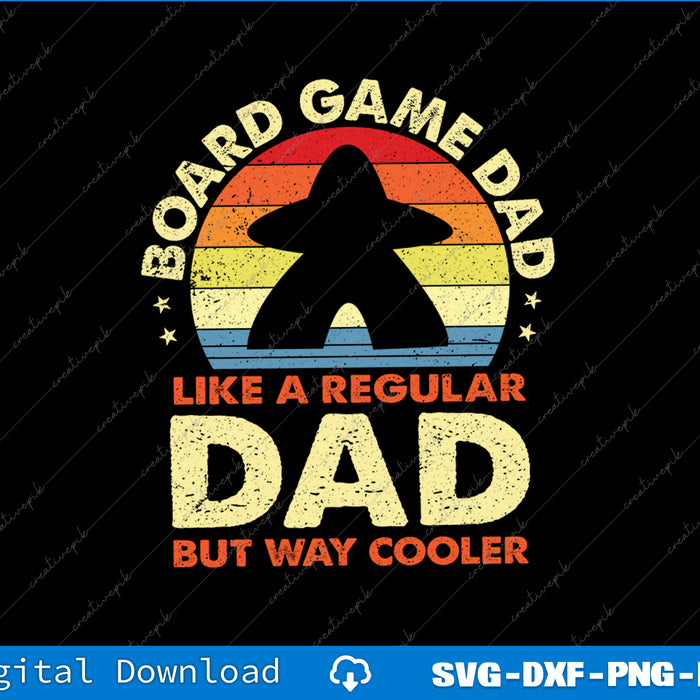 Vintage-style graphic with 'Board Game Dad' text and silhouette on a black background