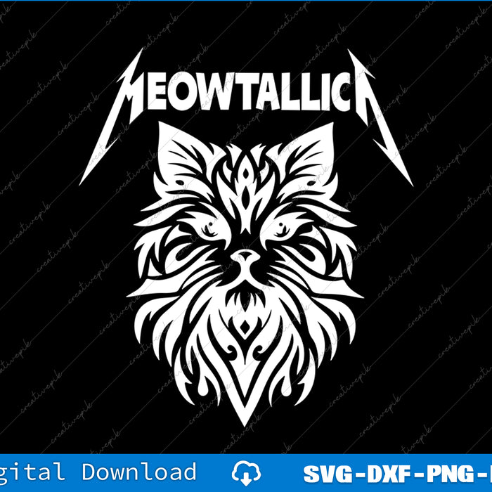 Stylized cat head with 'MEOWTALICIA' text on a black background