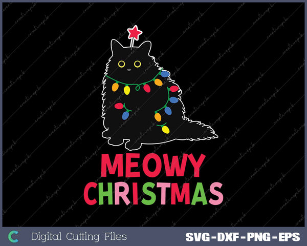 Meowy Christmas Xmas Lights Black Cat Pajamas Family Funny SVG PNG Cutting Printable Files
