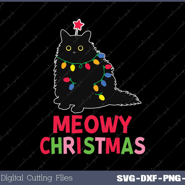 Meowy Christmas Xmas Lights Black Cat Pajamas Family Funny SVG PNG Cutting Printable Files