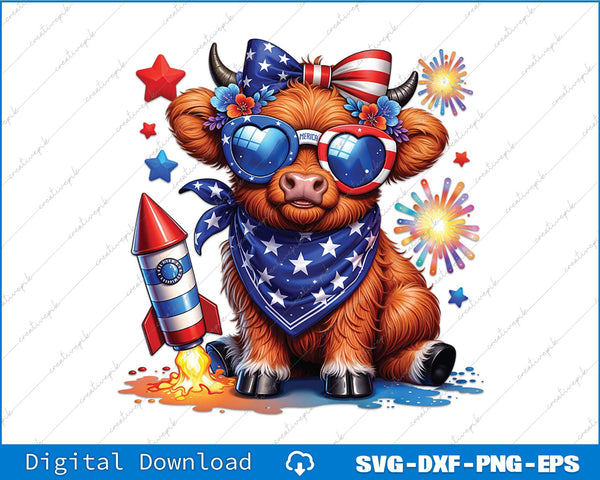 Merica Funny Cute Baby Cow 4th Of July Highland Cow SVG PNG Printable File