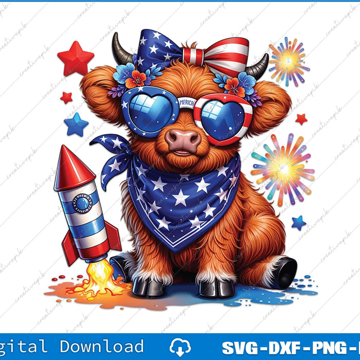 Merica Funny Cute Baby Cow 4th Of July Highland Cow SVG PNG Printable File