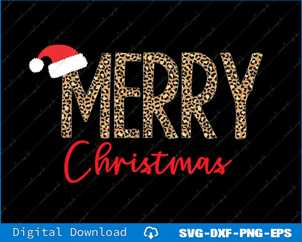 Leopard print 'Merry Christmas' text with a Santa hat on a black background