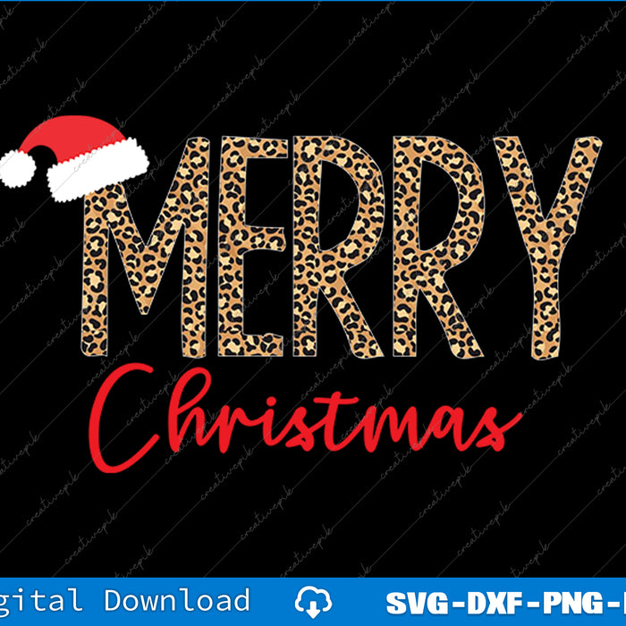 Leopard print 'Merry Christmas' text with a Santa hat on a black background
