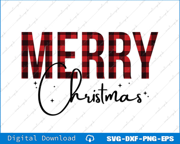 Plaid patterned 'Merry Christmas' text on a white background with digital download options.