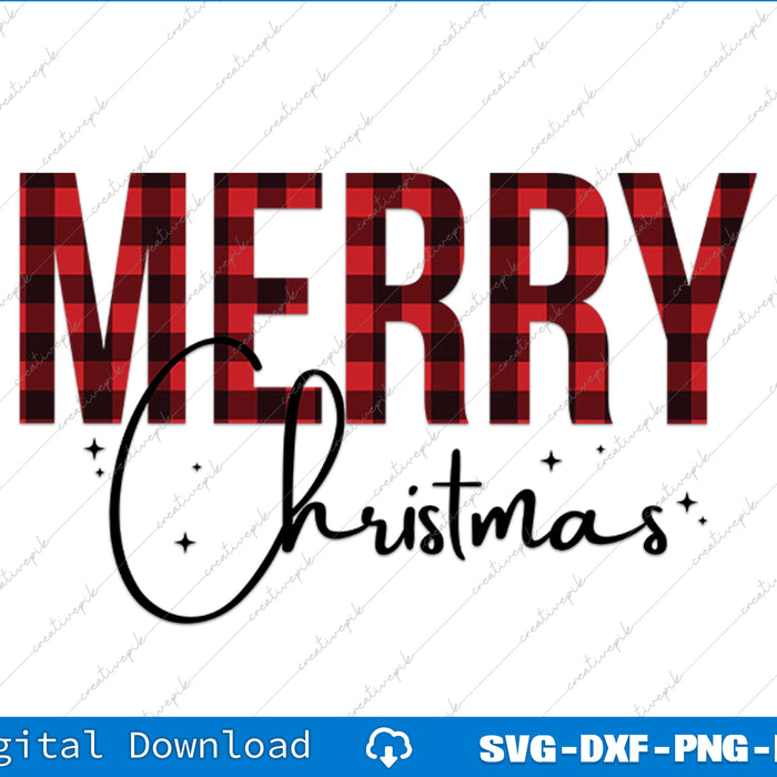 Plaid patterned 'Merry Christmas' text on a white background with digital download options.