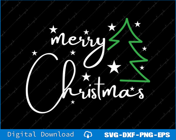 Merry Christmas text with a green tree and stars on a black background