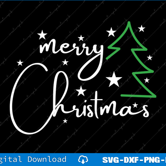 Merry Christmas text with a green tree and stars on a black background