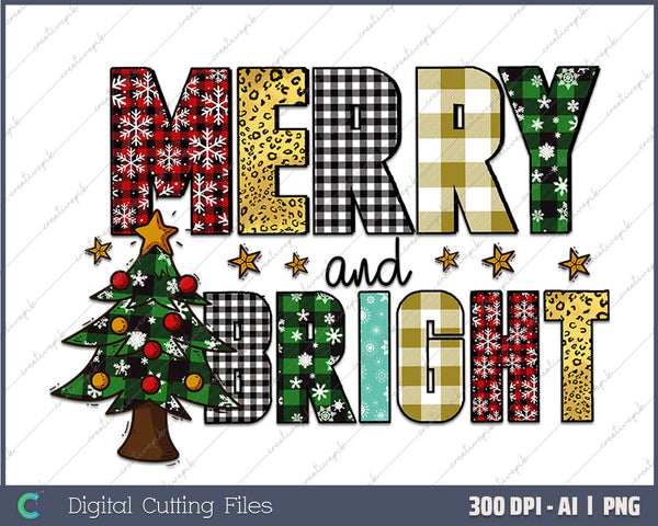 Merry and Bright Christmas Quote AI PNG Sublimation File