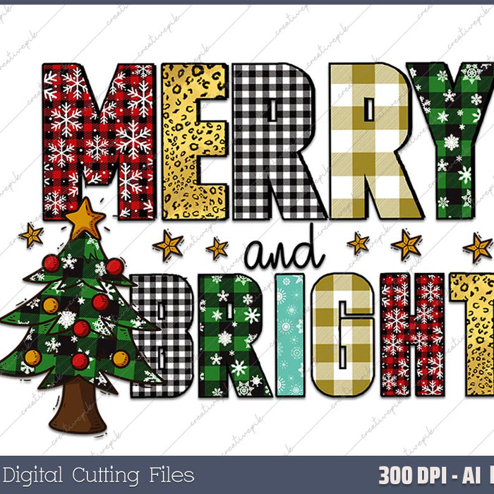 Merry and Bright Christmas Quote AI PNG Sublimation File