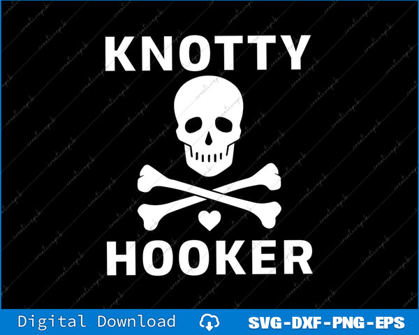 Skull and crossbones design with 'Knotty Hooker' text on a black background
