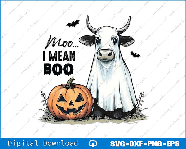 Ghostly cow with Halloween pumpkin and text 'Moo... I Mean Boo' on a white background.