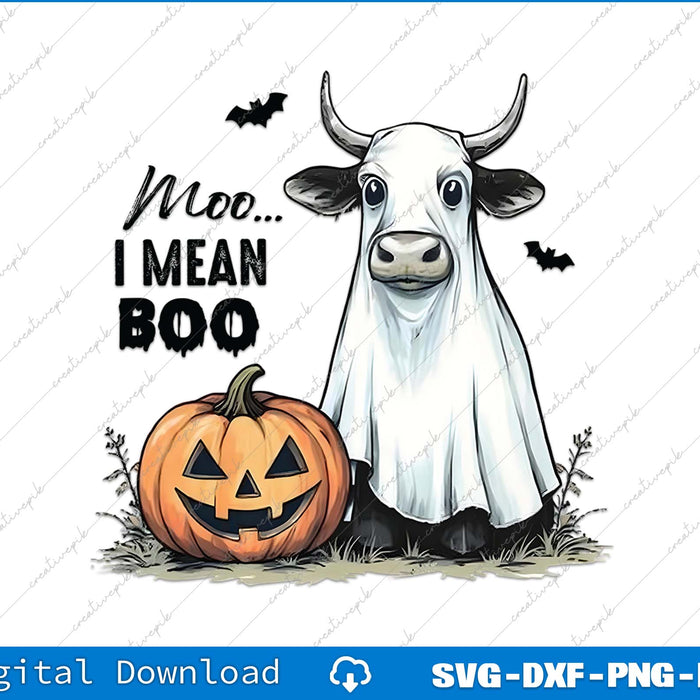 Ghostly cow with Halloween pumpkin and text 'Moo... I Mean Boo' on a white background.