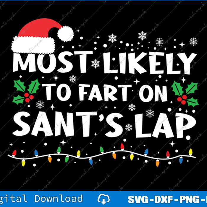 Christmas-themed graphic with text 'Most Likely to Fart on Sant's Lap' and festive elements on a black background.