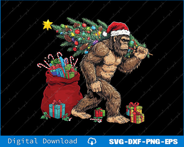 Illustration of a Christmas-themed Bigfoot holding a decorated tree and gifts on a black background.