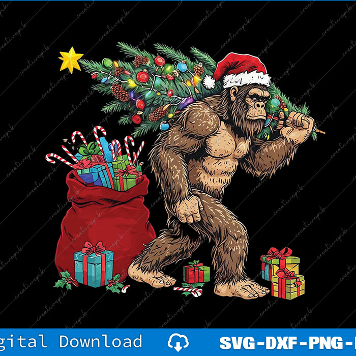 Illustration of a Christmas-themed Bigfoot holding a decorated tree and gifts on a black background.
